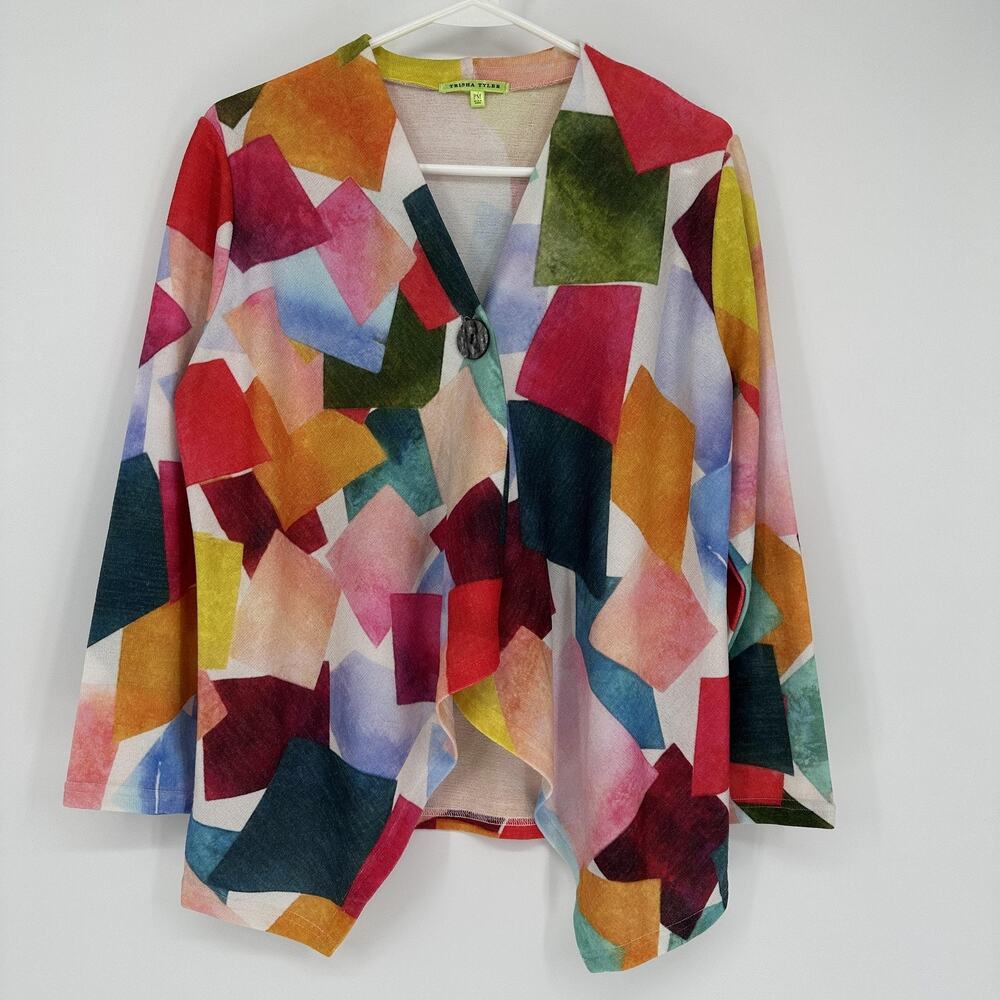Trisha Tyler Jacket Womens Petite Medium Multicolor Abstract Single Button Drape